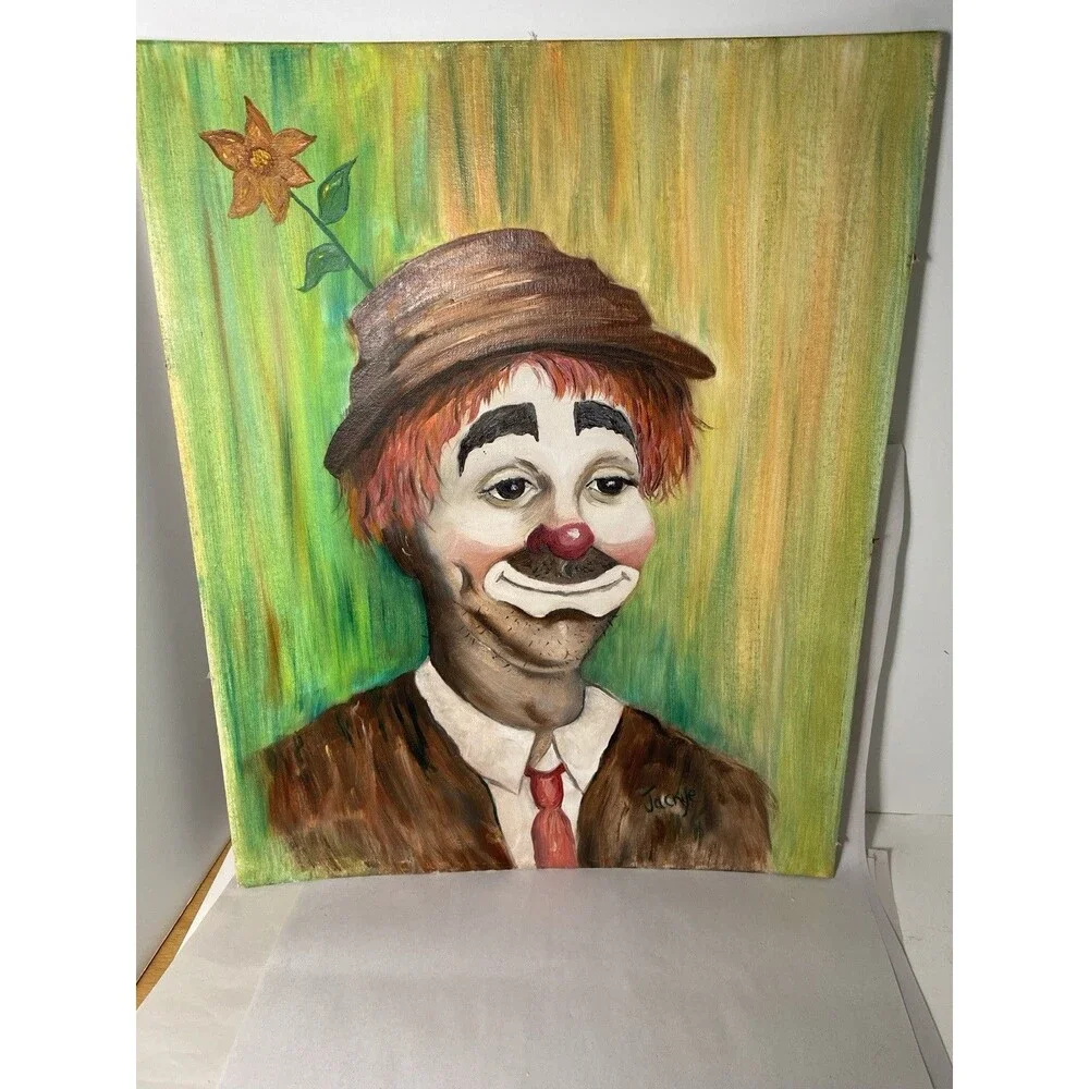 Vtg 1970's Acrylic Painting Clown Nice 16 x 20 Canvas Unframed Signed Jackye